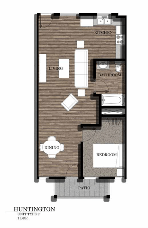 Floor plan for 1 bed, 1 bath, 655 sqft
